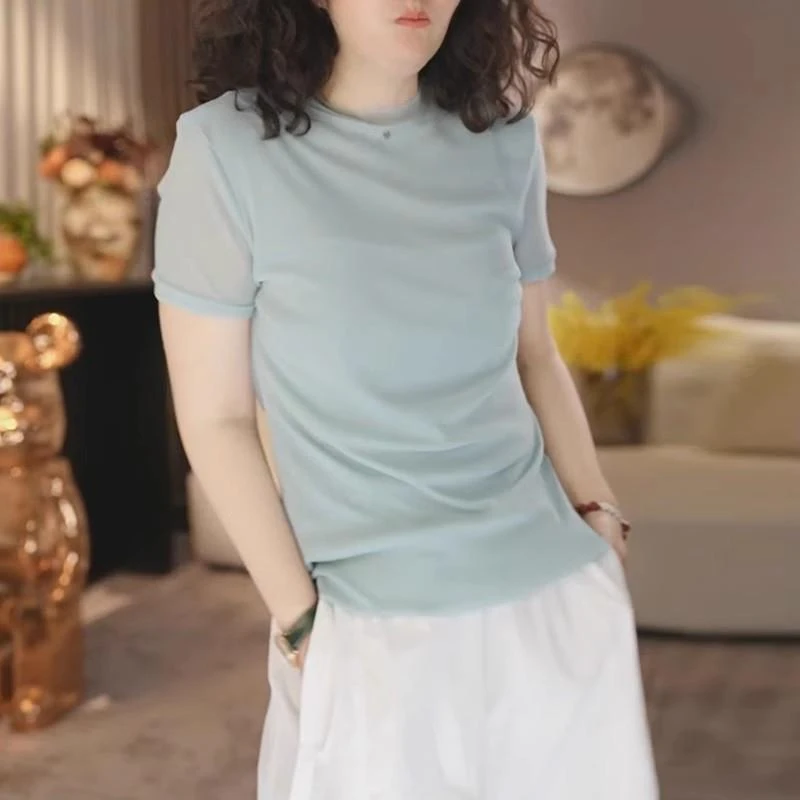 网纱拼接短袖T恤大码女装2025夏季新款胖MM显瘦修身洋气薄款上衣