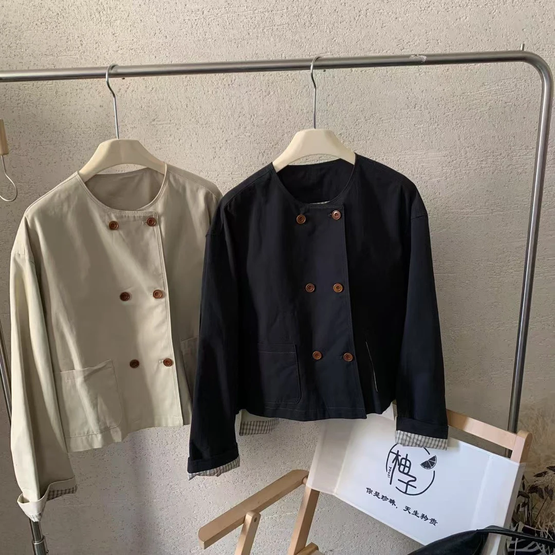 【 雨•美 推荐 】7160韩版休闲百搭无领双排扣外套