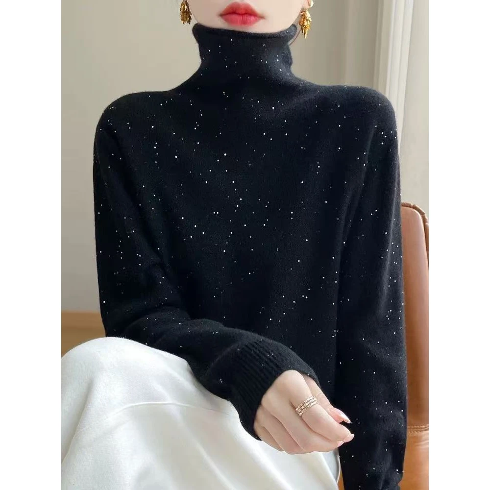 QianRH-9824冬季新款100%羊毛百搭修身堆堆领针织衫打底