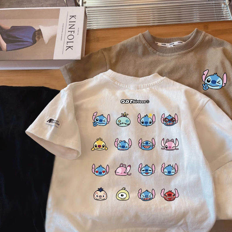 潮款儿童短袖T恤男童半袖纯棉韩t史迪仔印花圆领宽松休闲女童上衣