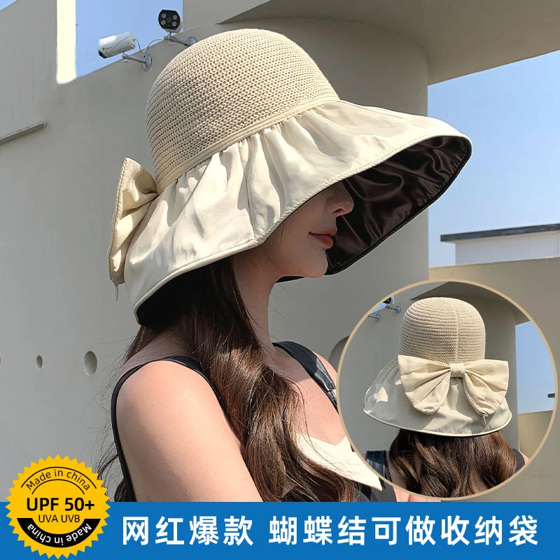 帽子女夏季遮阳防晒防紫外线蝴蝶结渔夫帽遮脸黑胶太阳帽2025新款