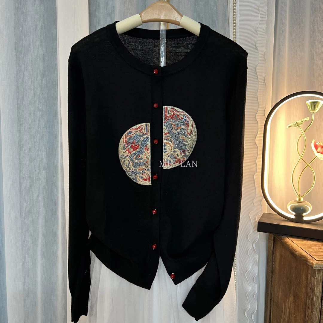 【V53-国风圆领】新中式国风绣花大码百搭针织衫开衫外套女