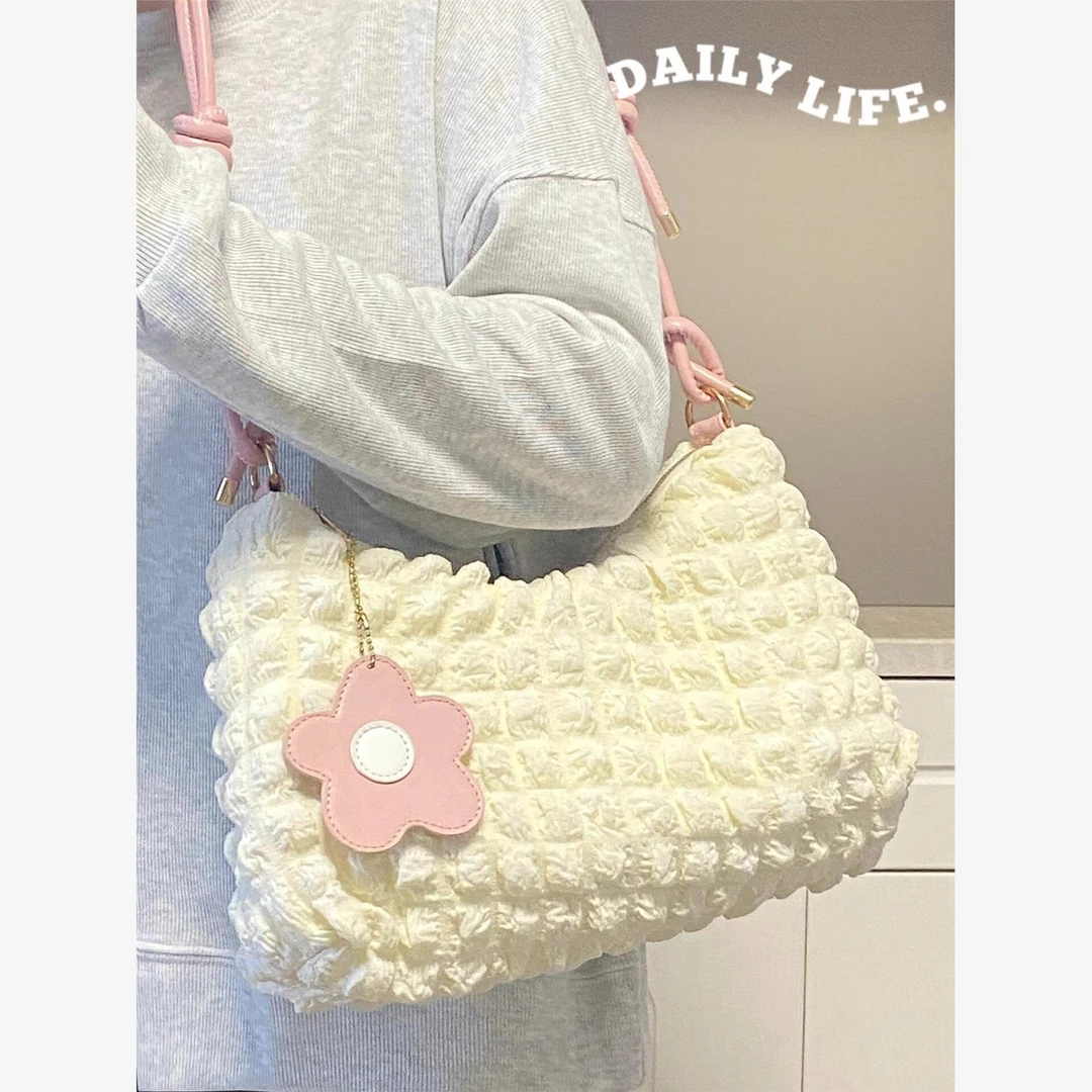 n奶油泡芙春夏包包粉色褶皱包女单肩百搭通勤收纳可爱设计感腋下