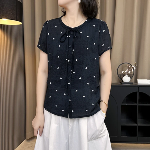 夏季新款韩系气质爱心印花领口系带透气开衫T恤洋气百搭显瘦上衣