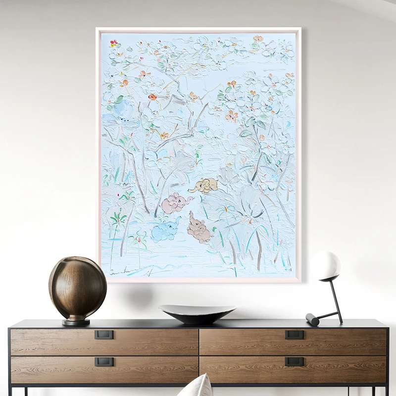 春日宴手绘油画 简约现代厚肌理轻奢治愈浅色系玄关餐厅竖幅法式