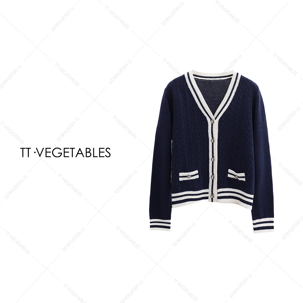 TT・VEGETABLES【序白】蓝韵 绵羊毛针织衫撞色开衫女打底衫521649