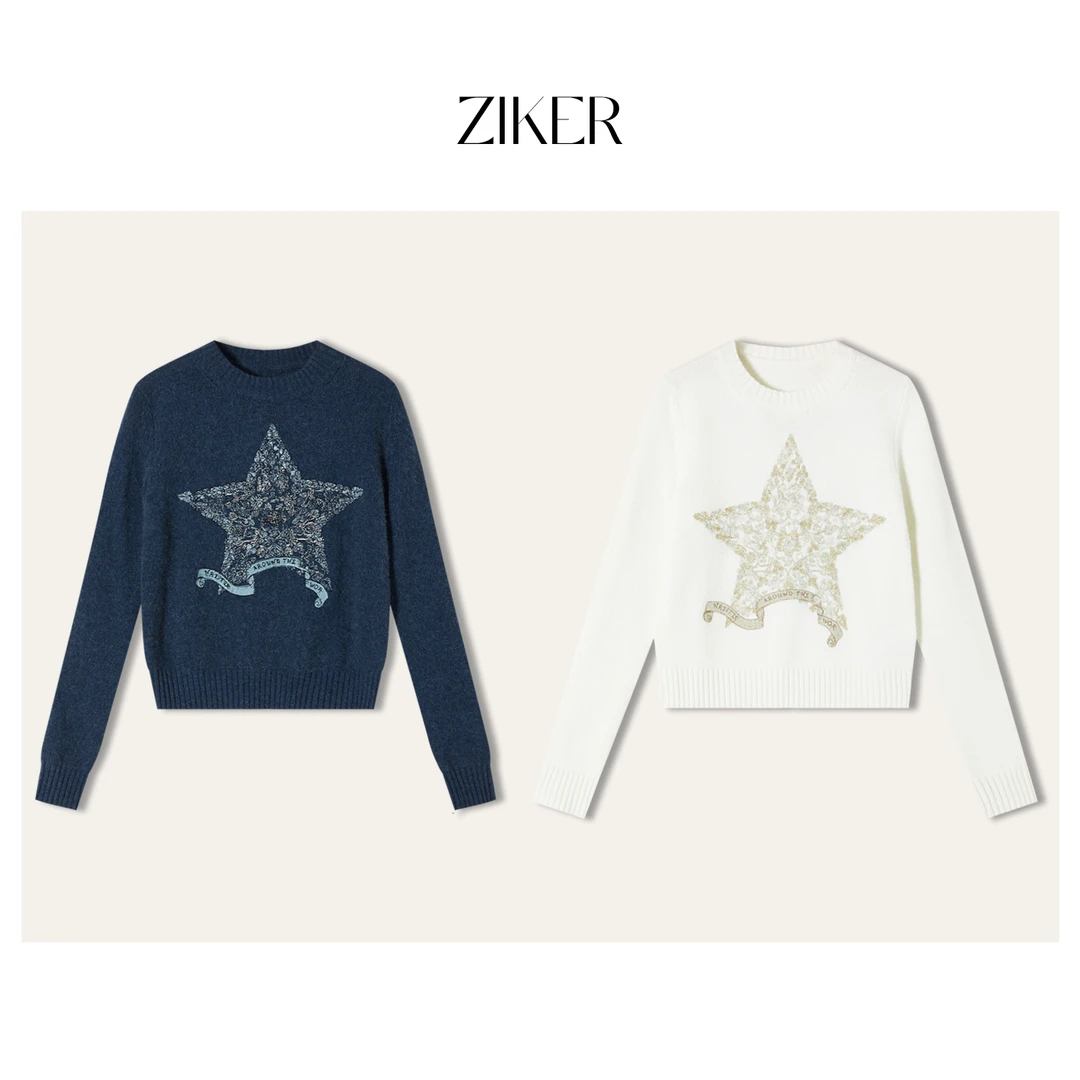 ZIKER｜D+五角星花卉刺绣针织上衣