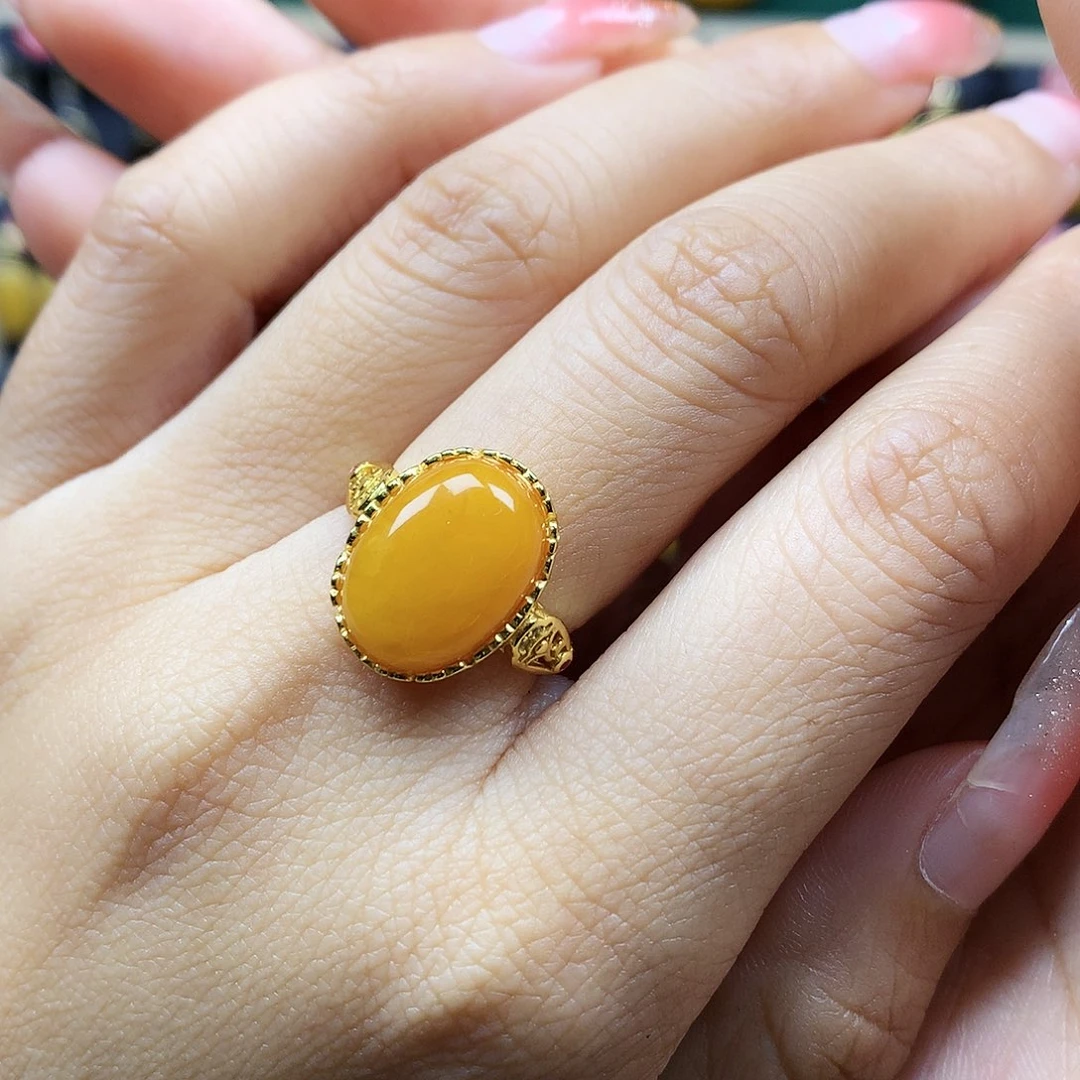 蜜蜡戒指银S925镶嵌戒指