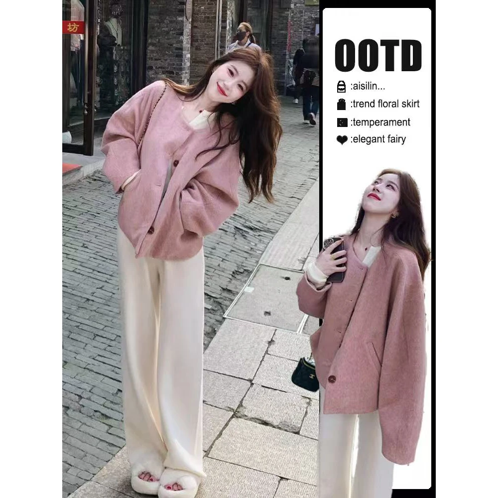 高级感洋气大衣女外套2025冬季新款韩系穿搭设计感粉色毛呢外套女