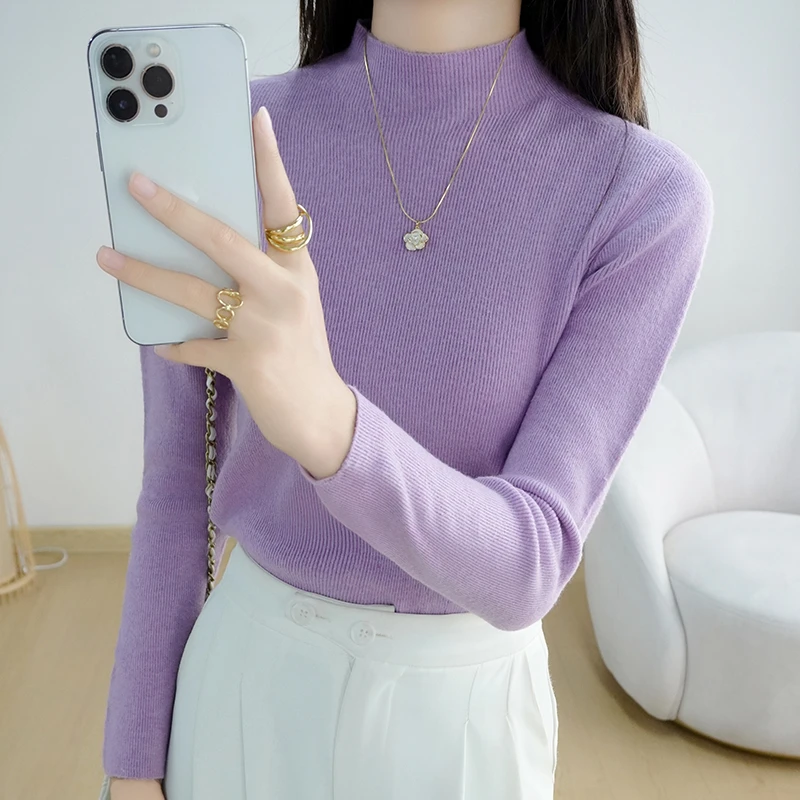 抽条半高领落肩袖慵懒风秋日穿搭秋冬季女D0001