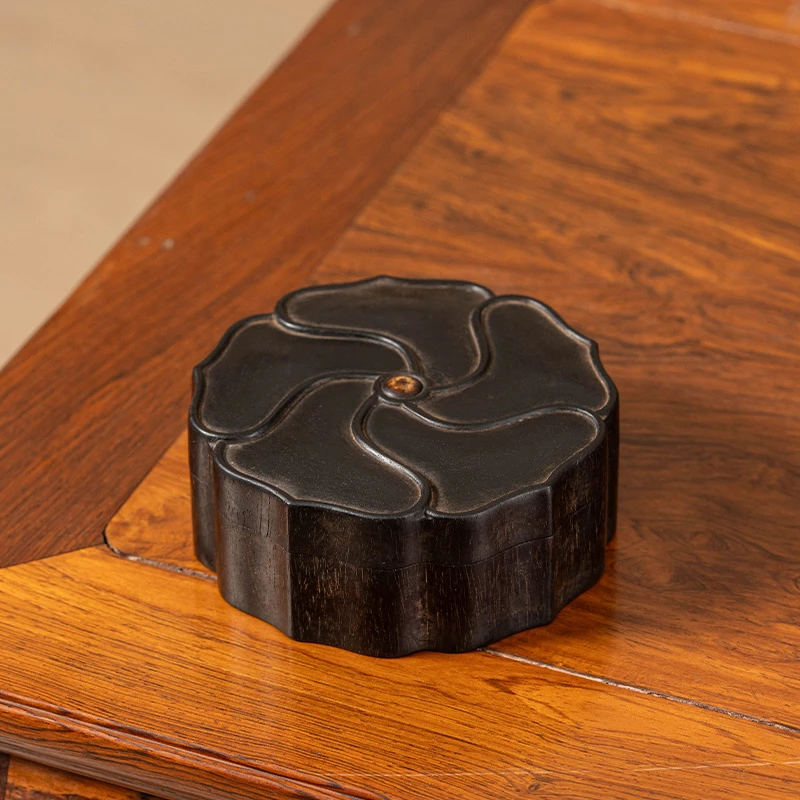 清代紫檀荷叶纹花口香盒老物件文玩古董收藏小叶紫檀文房盒盖盒