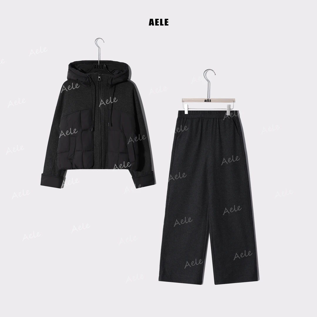 AELE设计感休闲立领连帽棉外套+松紧腰直筒裤套装 D855 3378 AD