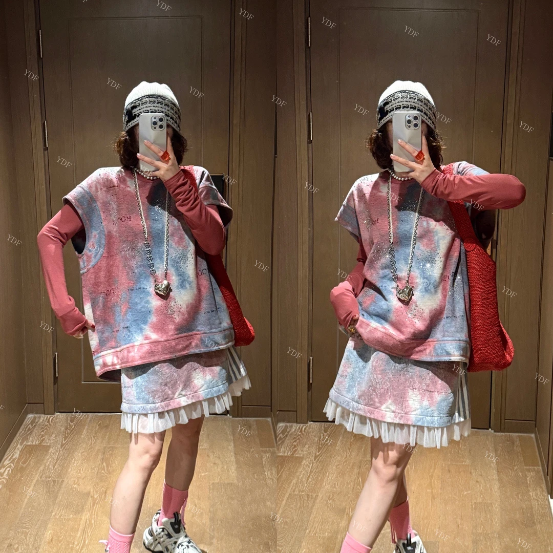 YDFSTUDIO小众【炫彩云朵】欧货高品扎染T恤背心马甲+半身裙三件套