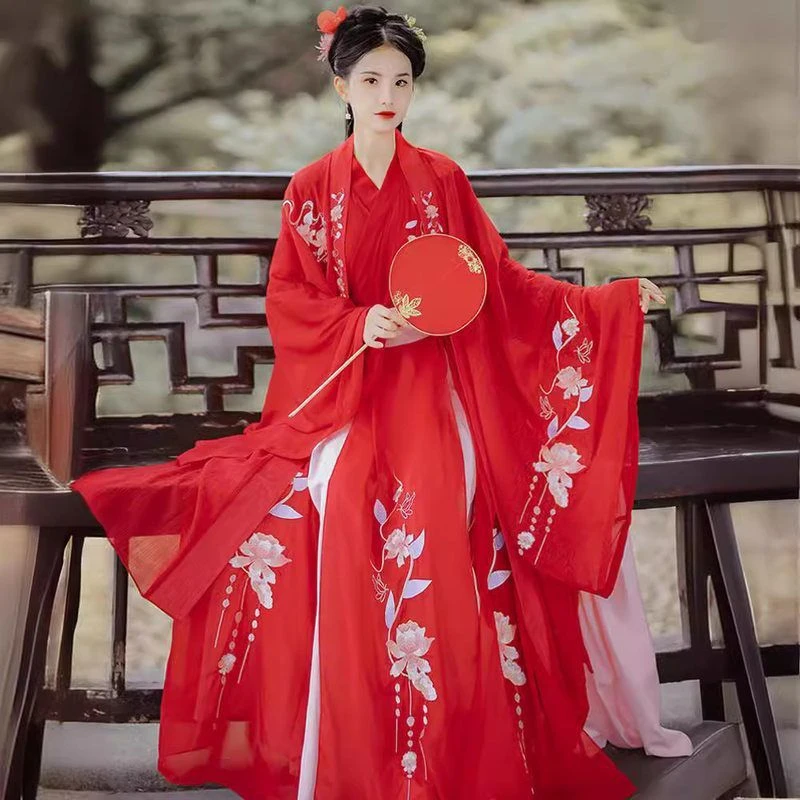 凤求凰古风汉服女夏季仙气古装中国风交领广袖仙气襦裙红色6米摆