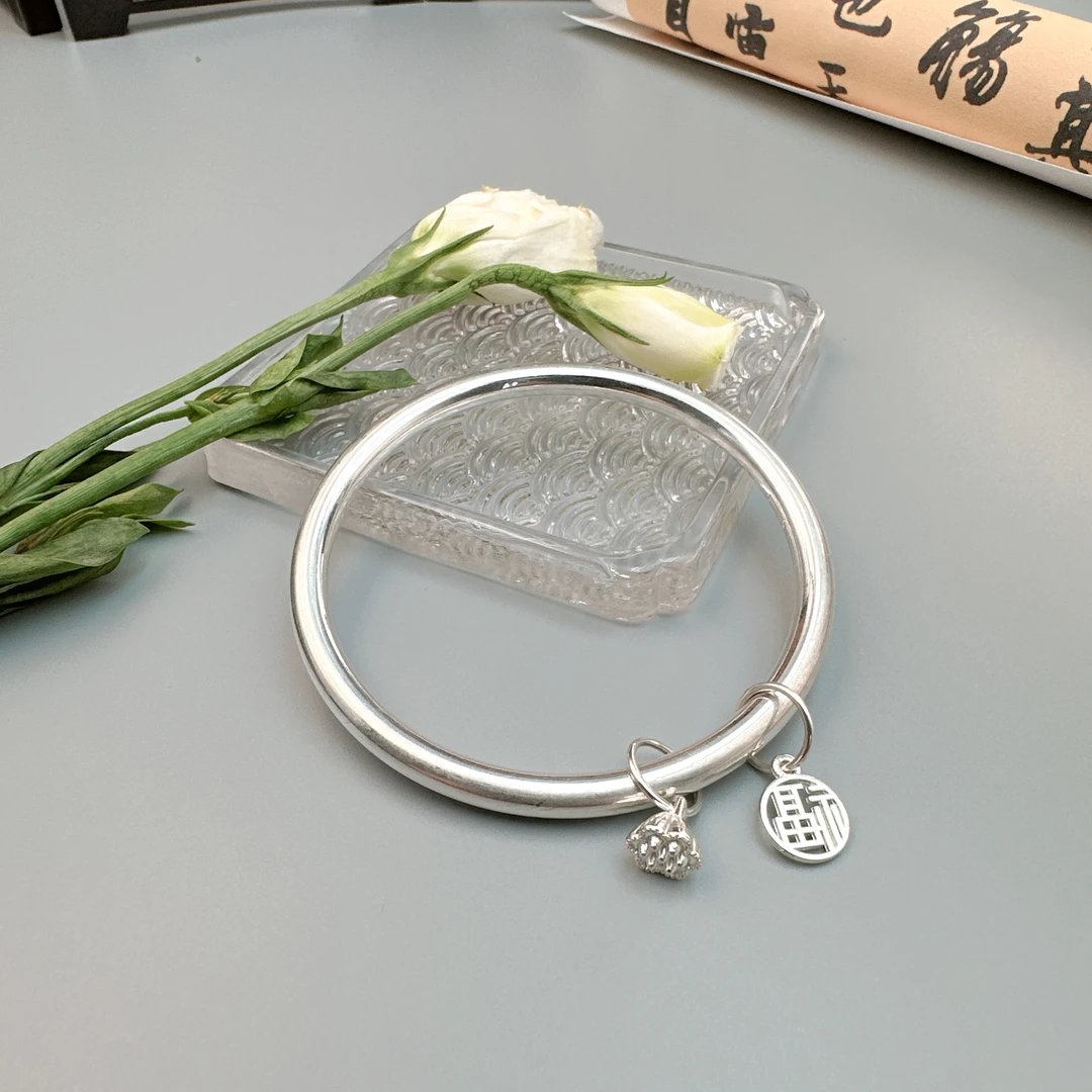 合金手镯 极致简约素圈光面闭口莲蓬福牌手镯古法沙面百搭经典款