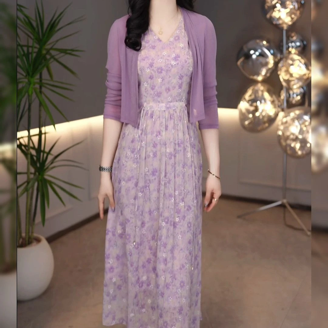 1245#春季薰衣草紫色小清新穿搭女人味印花连衣裙套装
