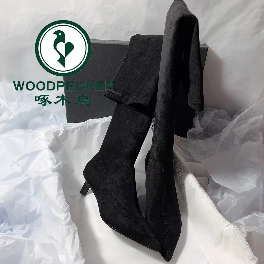 啄木鸟复古磨砂软皮过膝长靴女2025年冬季新款尖头细跟弹力瘦瘦靴