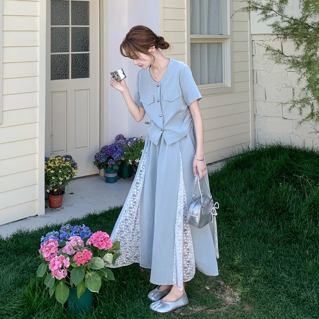 夏季ootd穿搭一整套套装裙韩系减龄气质上衣蕾丝拼接半身裙两件套