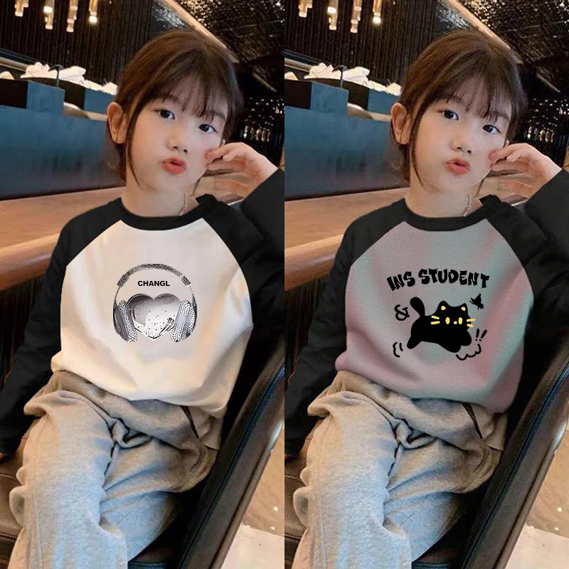 女童长袖T恤2025秋装新款儿童韩版洋气常规插肩袖春秋打底衫上衣