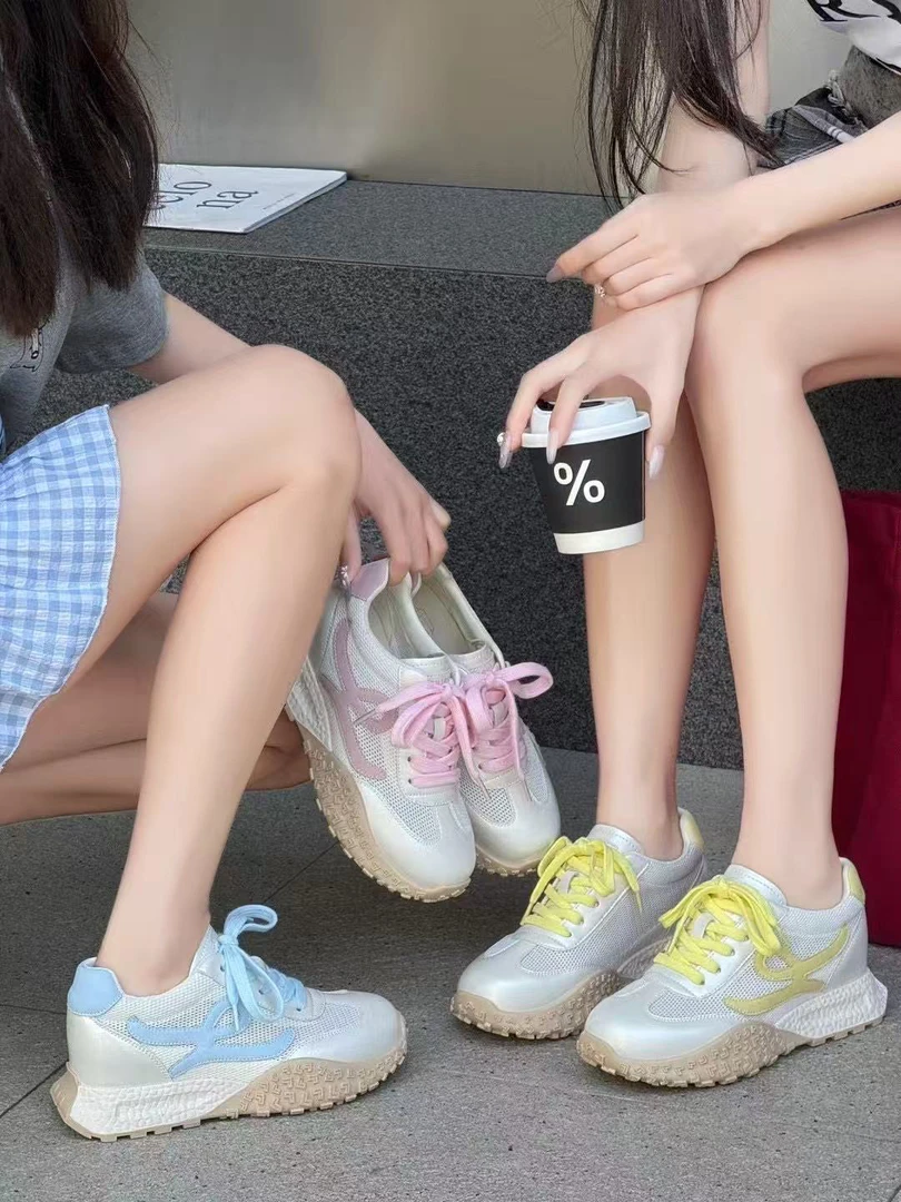 厚底内增高德训鞋女2025新款春夏小个子网面透气休闲运动华夫鞋