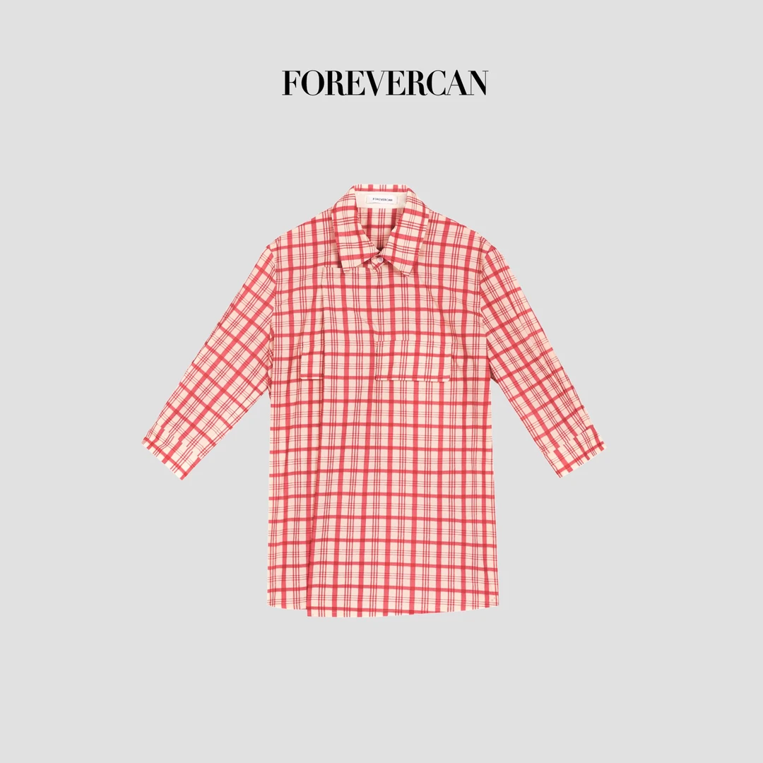 FOREVERCAN“殷桃邻格”章若楠同款 不规则撞色格纹翻袖衬衫ST23022