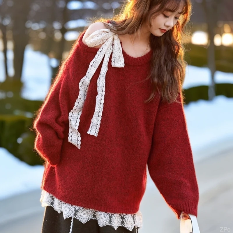 韩版甜美温柔风蝴蝶结系带设计感2025秋冬新款软糯百搭针织上衣女