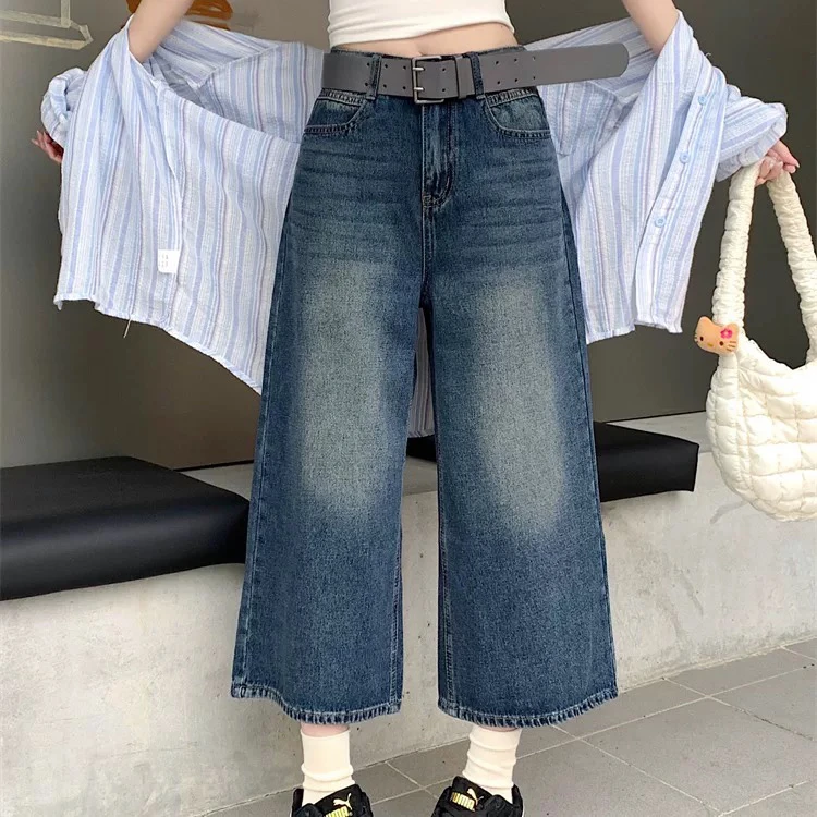 【小北】2025新款水洗八分裤直筒裤宽松牛仔裤女薄款高腰A字腰头