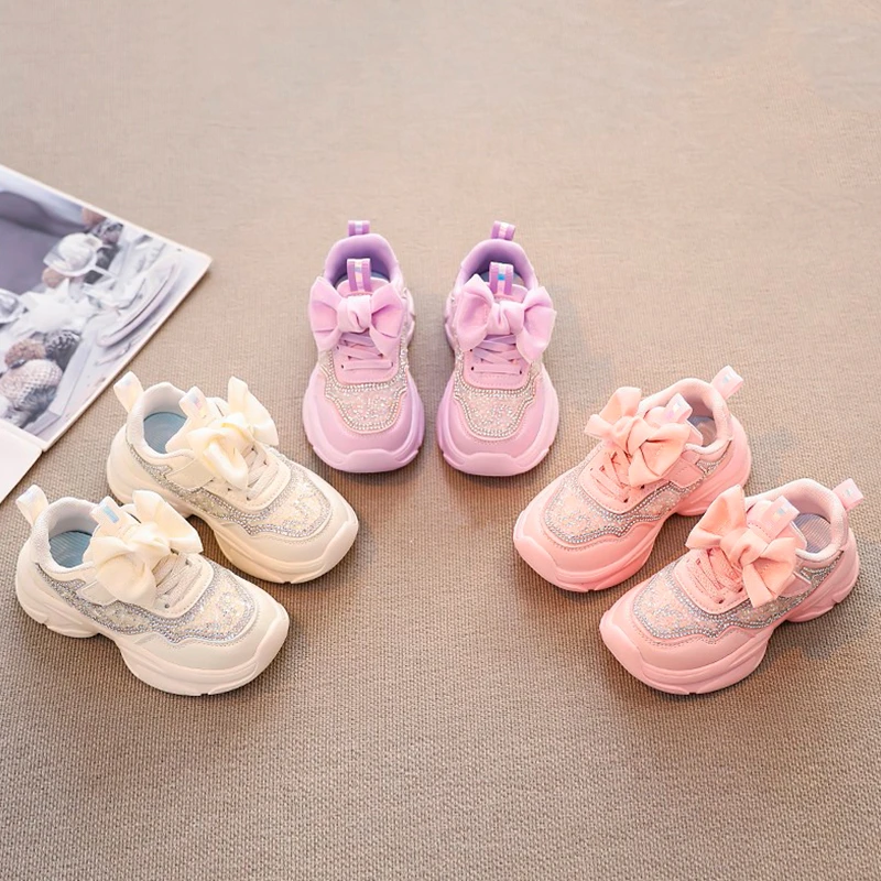 女童老爹鞋春秋儿童鞋子皮面蝴蝶结运动鞋女孩水钻跑步鞋软底小童