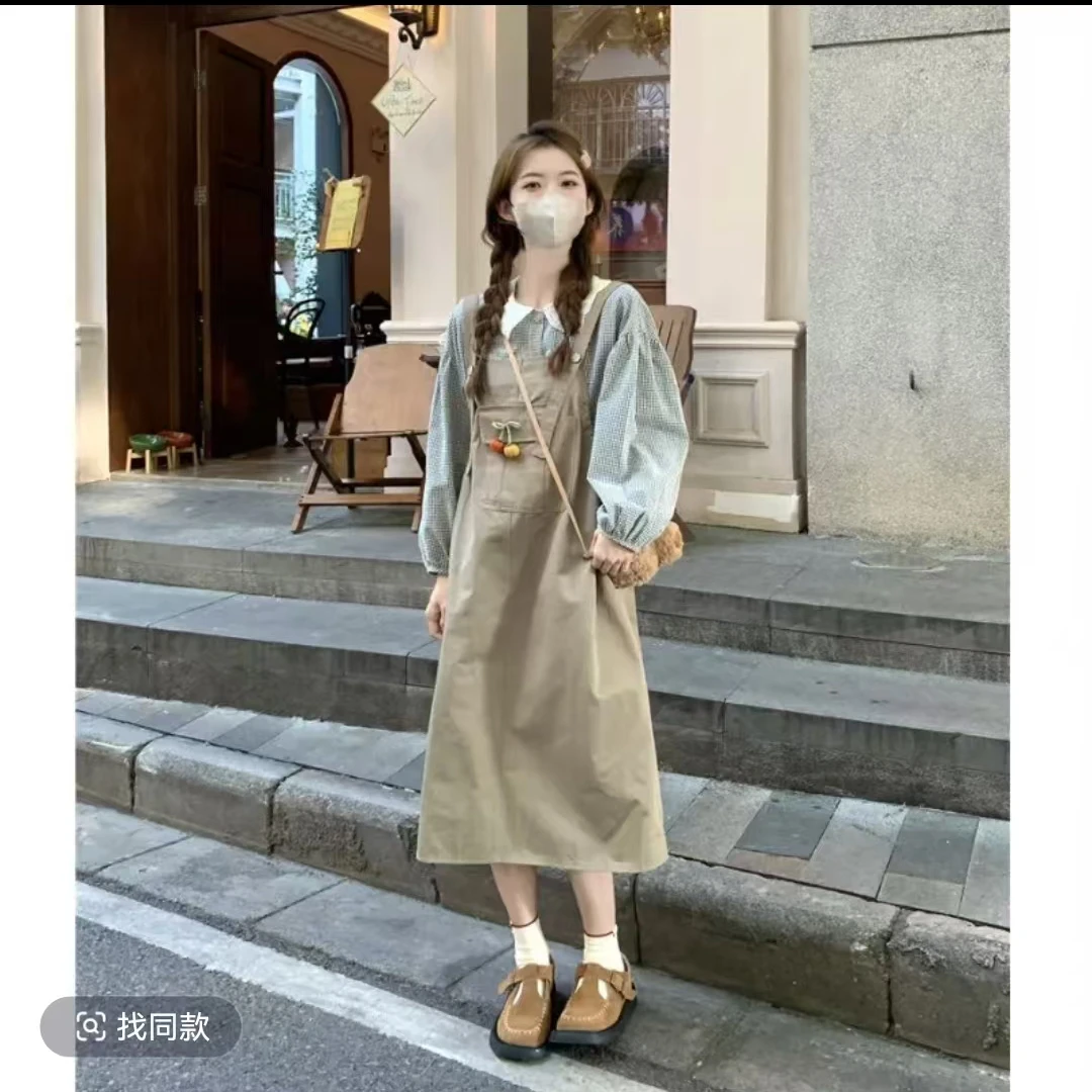 学院风条纹长袖衬衫背带裙女秋季新款小个子可爱背带裙两件套装