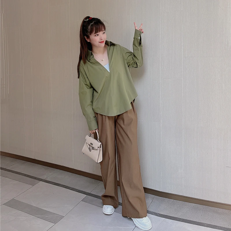 37667/37668早秋新款老钱风休闲都市高级大码衬衫上衣直筒裤套装