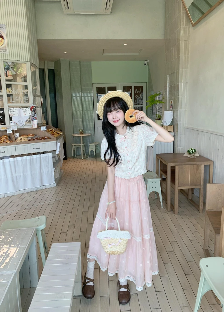 甜美法式一整套衬衫可爱夏季短袖日系学院娃娃高腰半身裙粉色套装