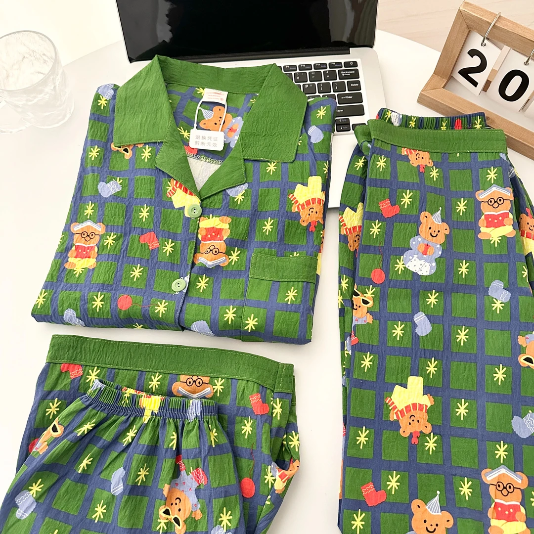 三件套高级感ins风睡衣女夏季云朵棉短袖长裤森系卡通小熊家居服