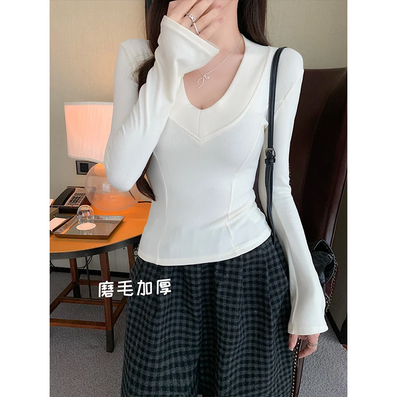 Moses Queen/魔西女王掐腰正肩T恤v领双面德绒针织衫保暖打底衫