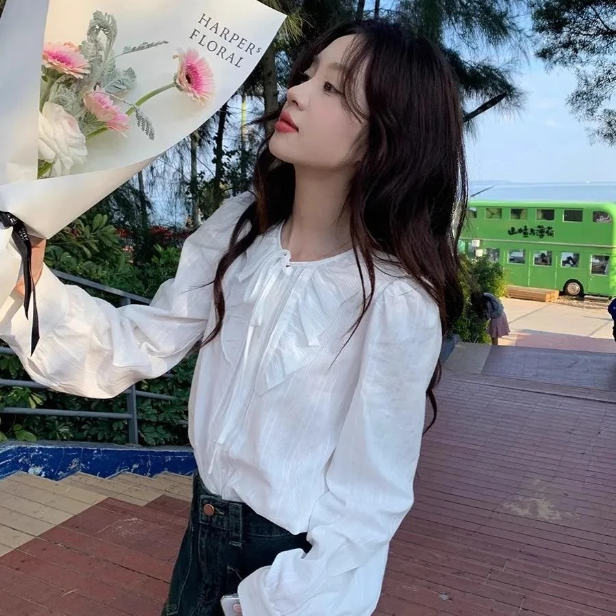 （棉）2025早秋气质显瘦减龄时尚衬衫宽松长袖荷叶边系带白衬衫8299