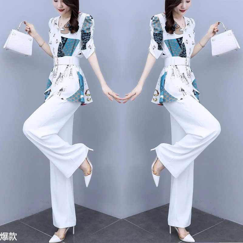 2024夏季套装新款阔腿裤女长裤时尚收腰显瘦雪纺衫上衣气质两件套