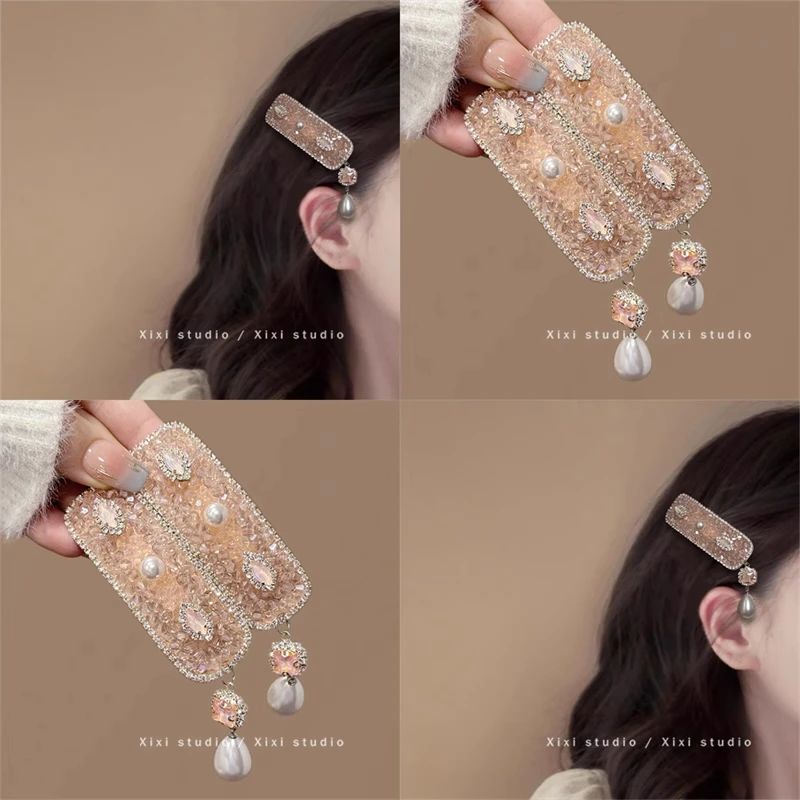 粉红回忆！新中式珍珠吊坠发夹！高级感刘海夹精致水钻边夹盘发器