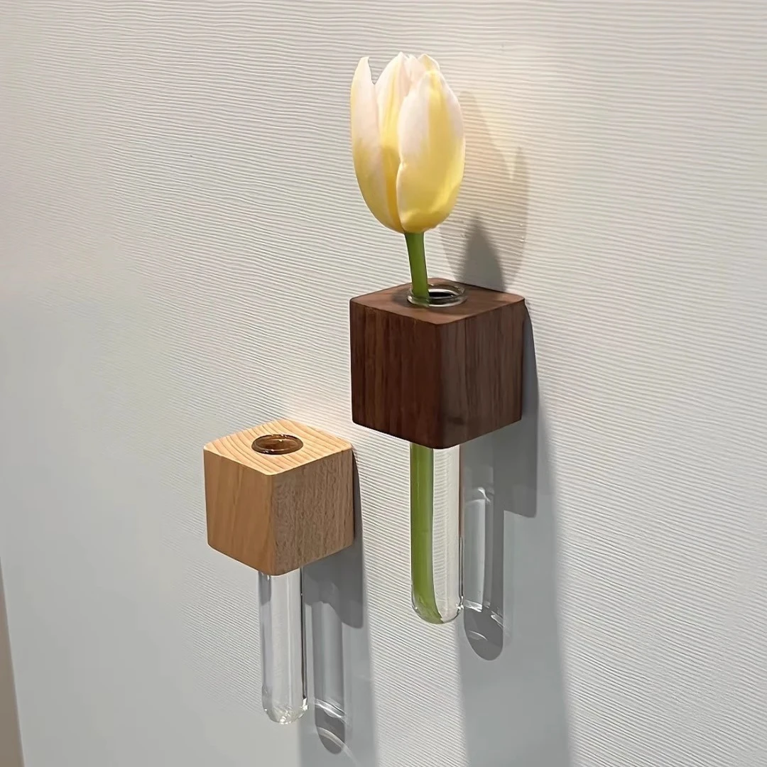 创意养花冰箱贴实木块磁吸3D立体插花器冰箱花瓶磁性墙面拆卸装饰