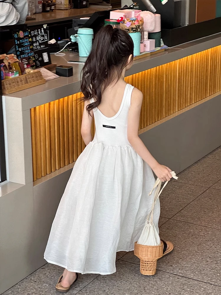女童法式露背连衣裙儿童洋气拼接无袖背心裙度假长裙中大童沙滩裙