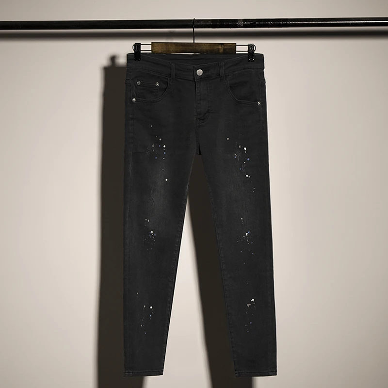 DeweLvum匠心制作！一眼就爱上!潮流泼墨修身小脚九分休闲牛仔裤男