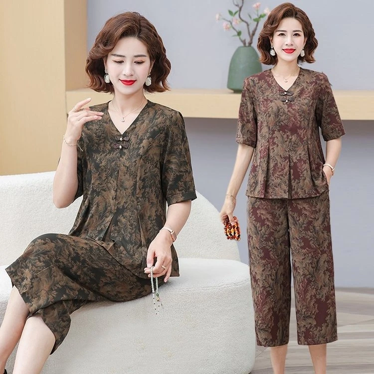 【80斤-220斤】2025夏季大码妈妈装中老年气质休闲时尚碎花短袖套装