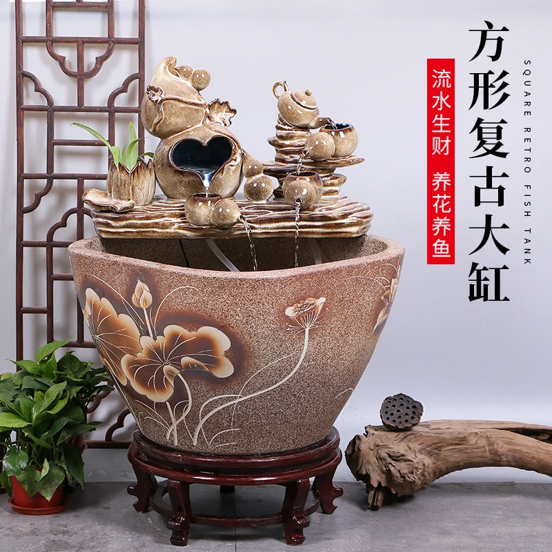 景德镇陶瓷摆件鱼缸流水器喷泉家用鱼缸大号客厅加湿招财
