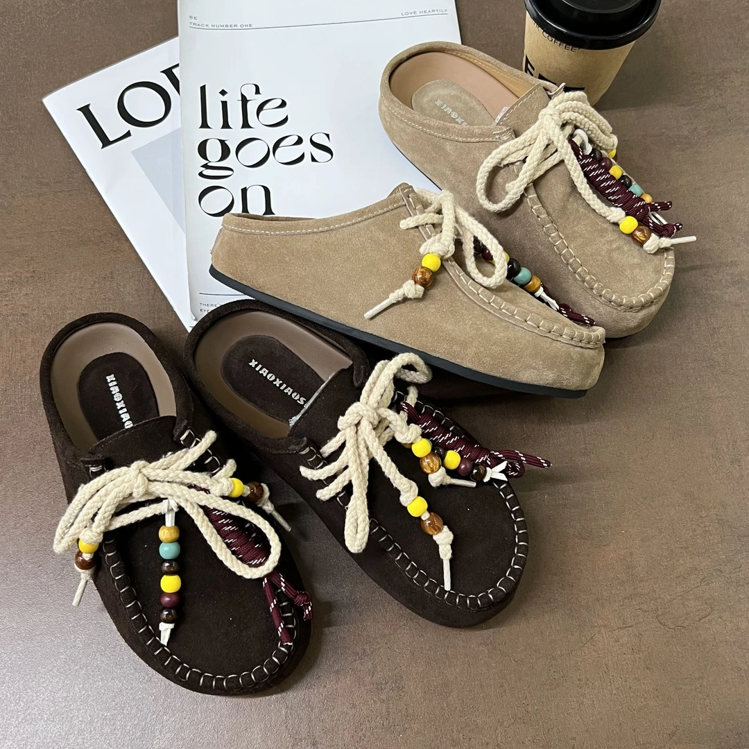 静静丨袋鼠丨半拖串珠平跟鞋  流苏乐福鞋软底包头鞋;EXX55407