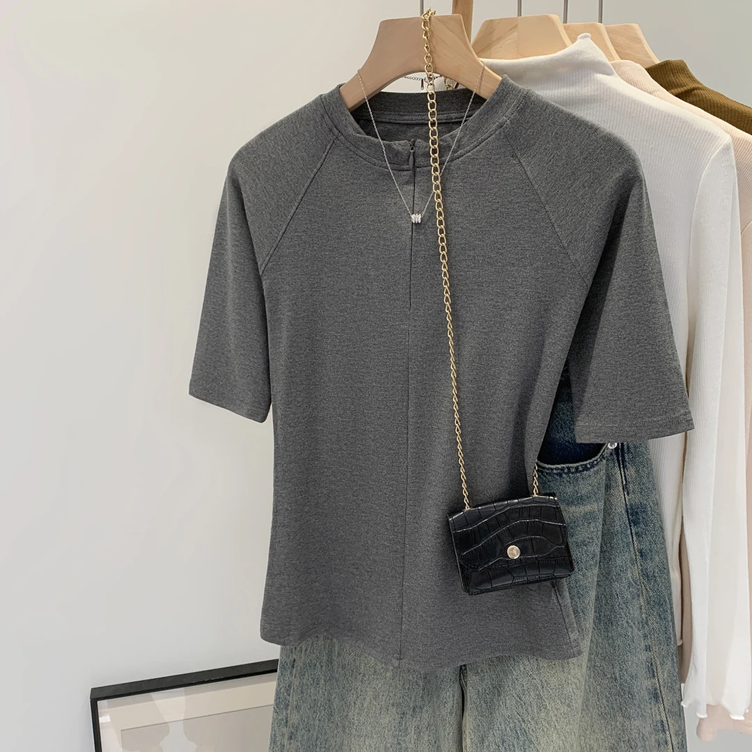 【部分现】韩系别致半拉链圆领正肩短袖T恤2025新款单穿上衣250468