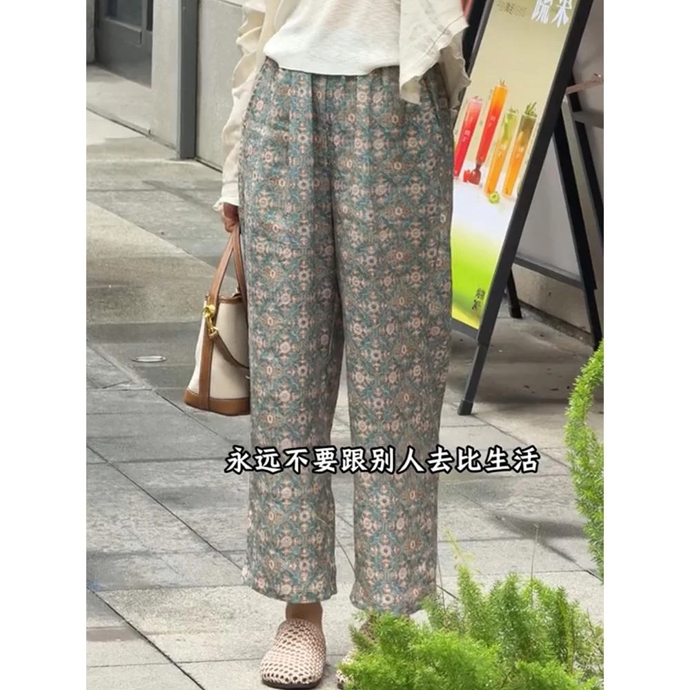 亚麻印花显瘦直筒九分裤女夏季新款高腰宽松复古百搭休闲裤子