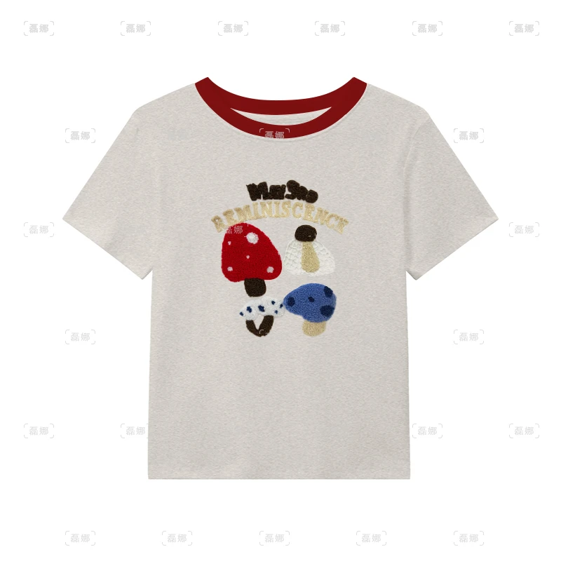 【彩色蘑菇】韩版趣味减龄刺绣体恤2025新款撞色短袖t恤洋气上衣潮