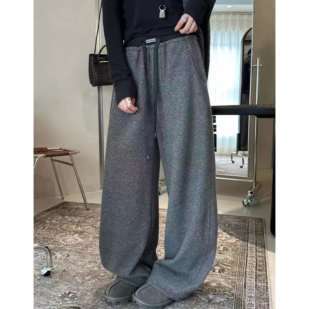 秋冬青花瓷料加绒2025新款韩版灰色抽绳阔腿运动裤女宽松拖地裤子