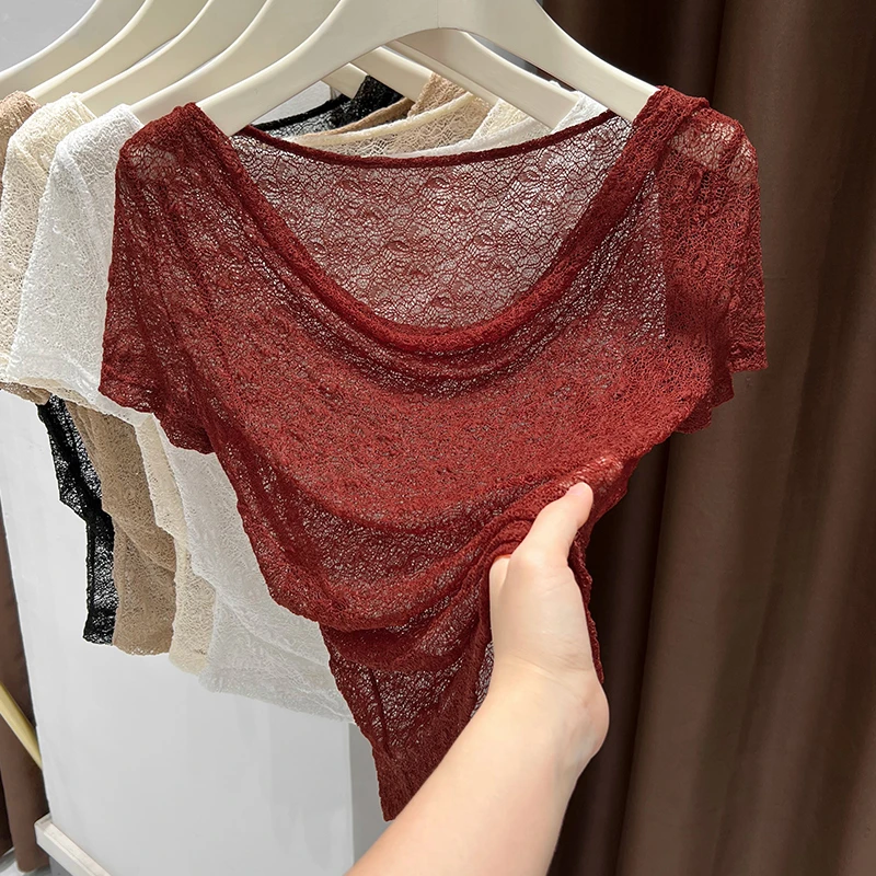 高级感一字荡领蕾丝短袖打底衫女洋气内搭安可拉红色网纱镂空上衣
