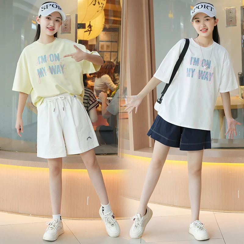女童夏装2025新款初高中生8-18岁女孩字母短袖短裤休闲时尚穿搭夏