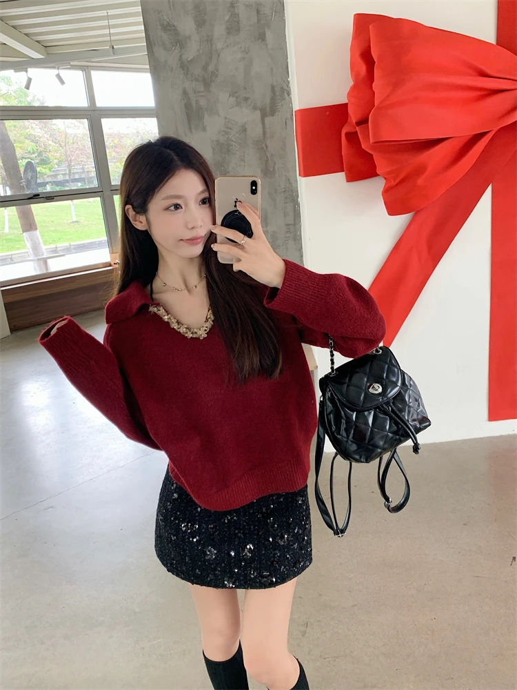 过年穿搭一整套女装2025新款时尚气质重工针织毛衣短裙显瘦两件套