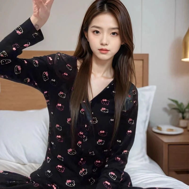 暗夜Kitty猫印花开衫睡衣女春秋款2025新款长袖长袖家居服套装